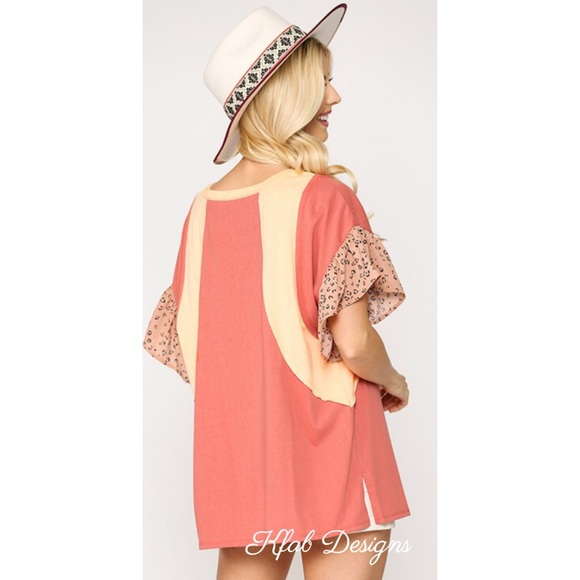 ❤️LAST 1! Flutter Sleeve Color Block Print Mix Top - Picture 4 of 7